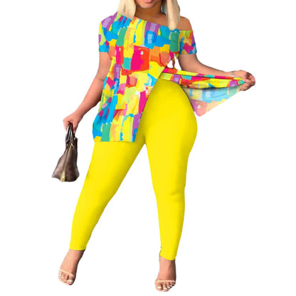 Casual Printed Women's Short-Sleeve Pants Suit