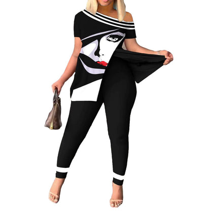 Casual Printed Women's Short-Sleeve Pants Suit