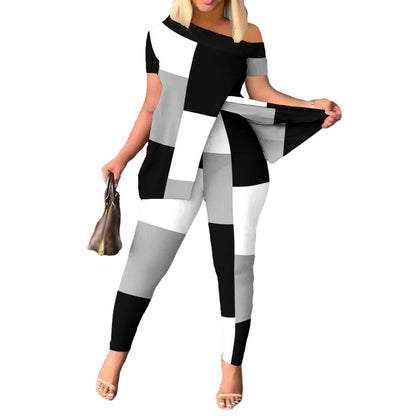 Casual Printed Women's Short-Sleeve Pants Suit