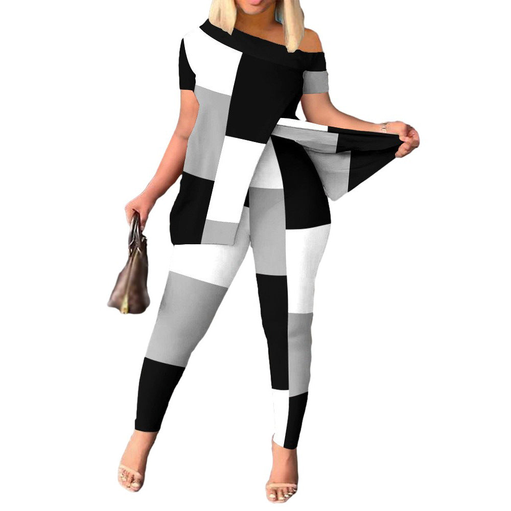 Casual Printed Women's Short-Sleeve Pants Suit