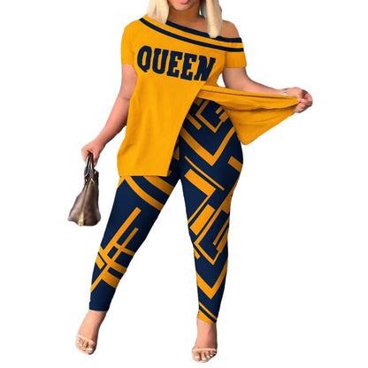 Casual Printed Women's Short-Sleeve Pants Suit