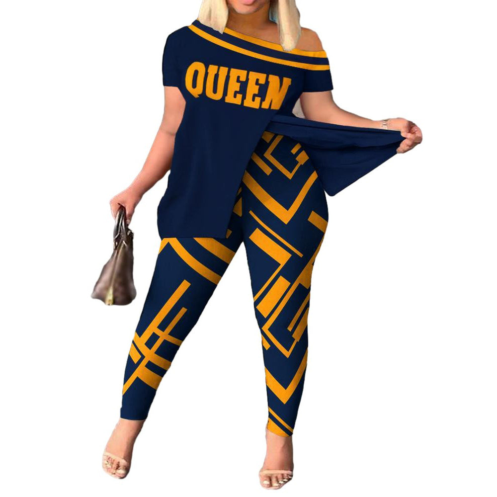 Casual Printed Women's Short-Sleeve Pants Suit