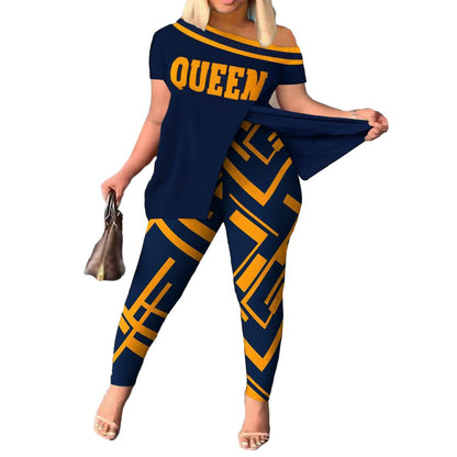 Casual Printed Women's Short-Sleeve Pants Suit