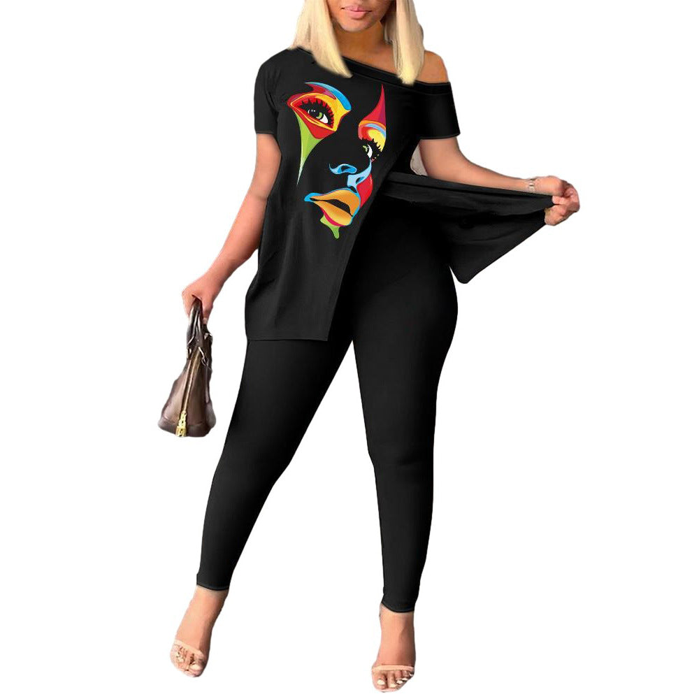 Casual Printed Women's Short-Sleeve Pants Suit