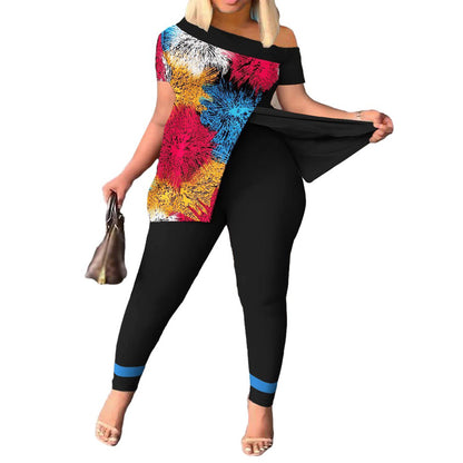 Casual Printed Women's Short-Sleeve Pants Suit