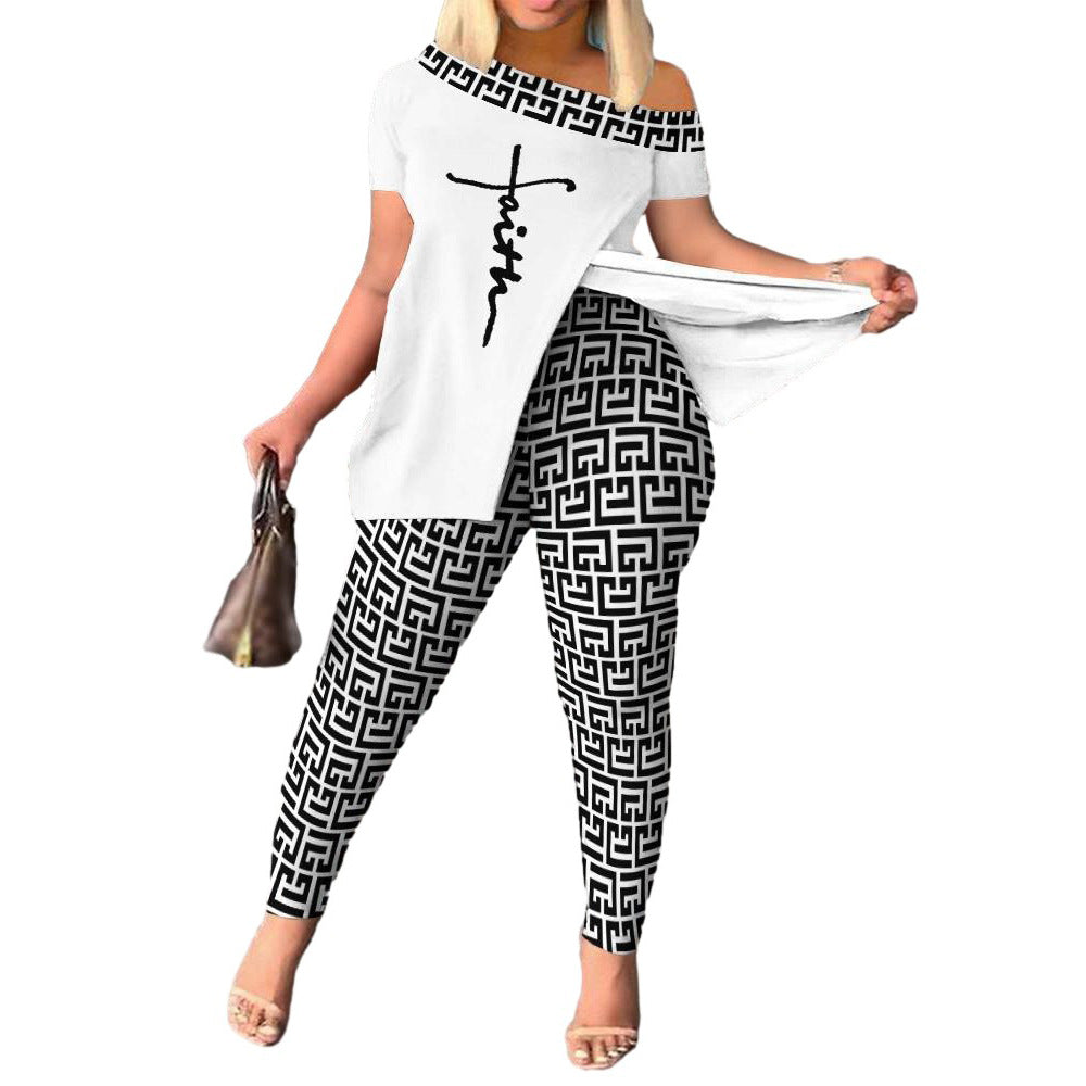 Casual Printed Women's Short-Sleeve Pants Suit