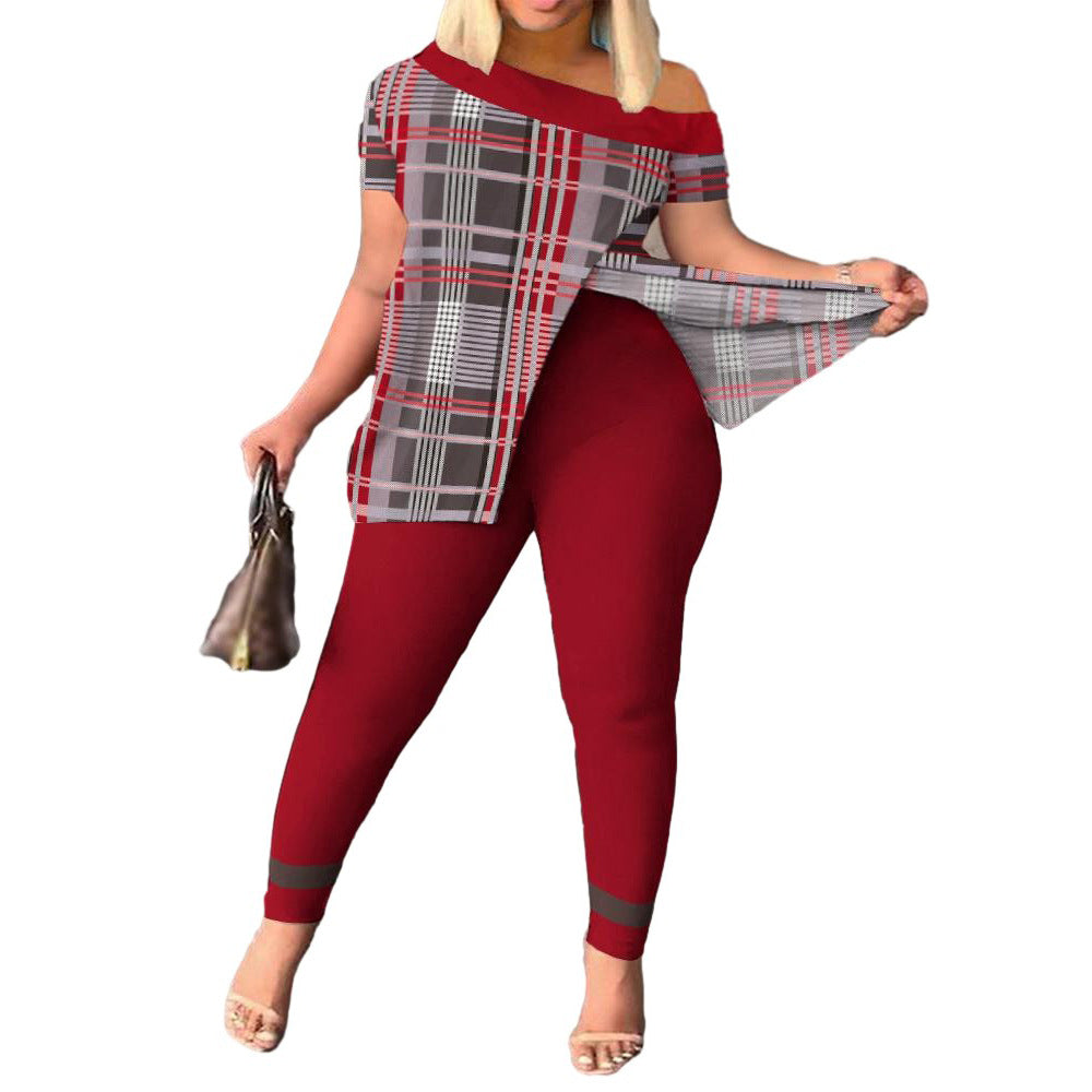 Casual Printed Women's Short-Sleeve Pants Suit