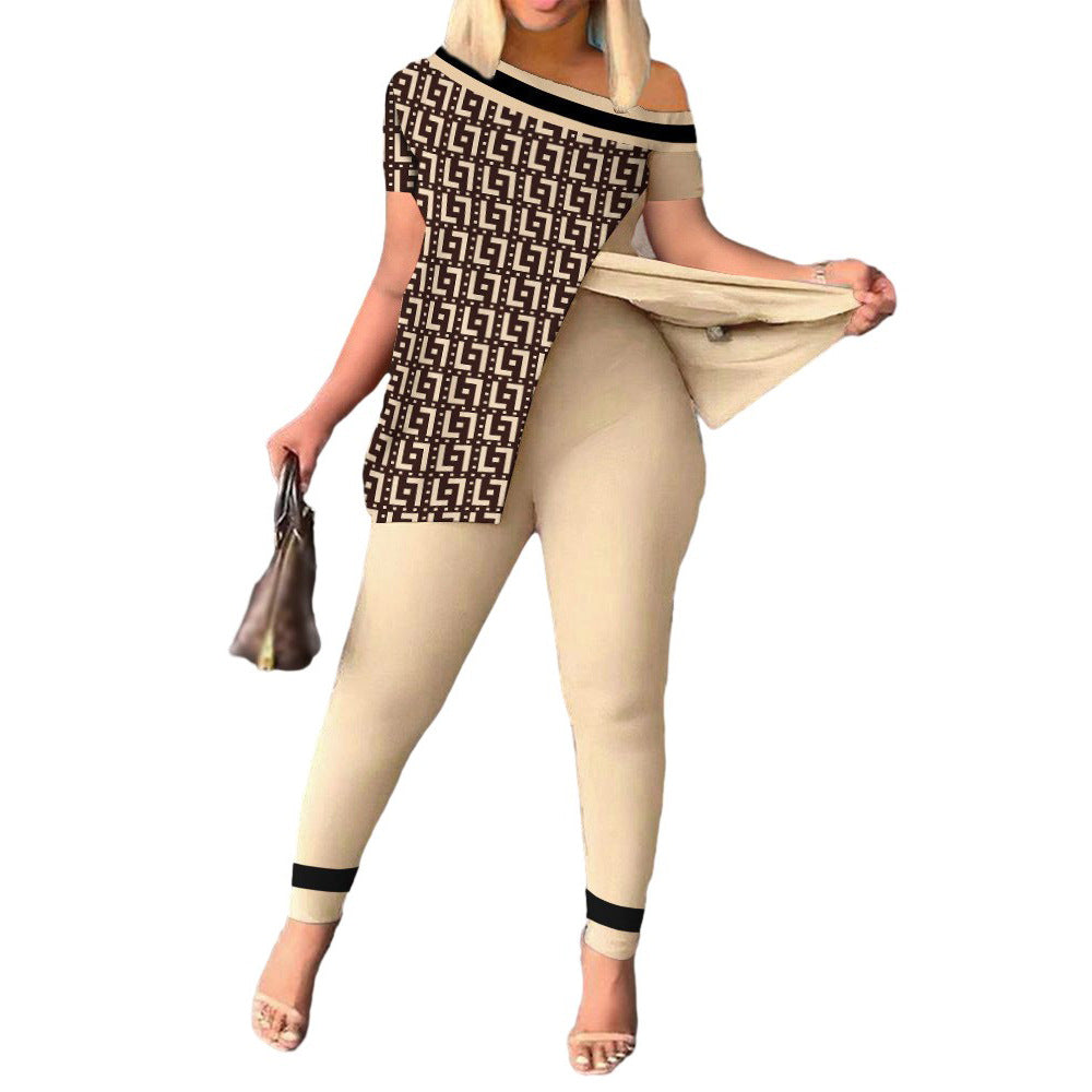 Casual Printed Women's Short-Sleeve Pants Suit