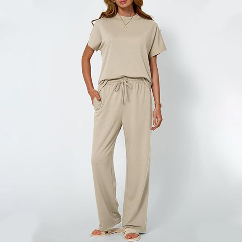 Casual Round Neck T-shirt with Wide Leg Trousers Set