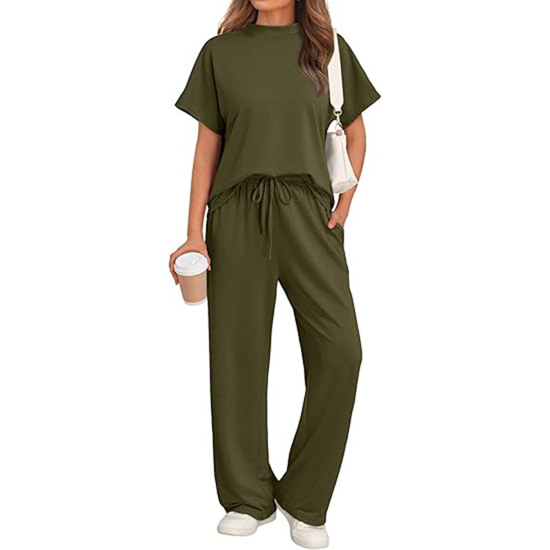Casual Round Neck T-shirt with Wide Leg Trousers Set
