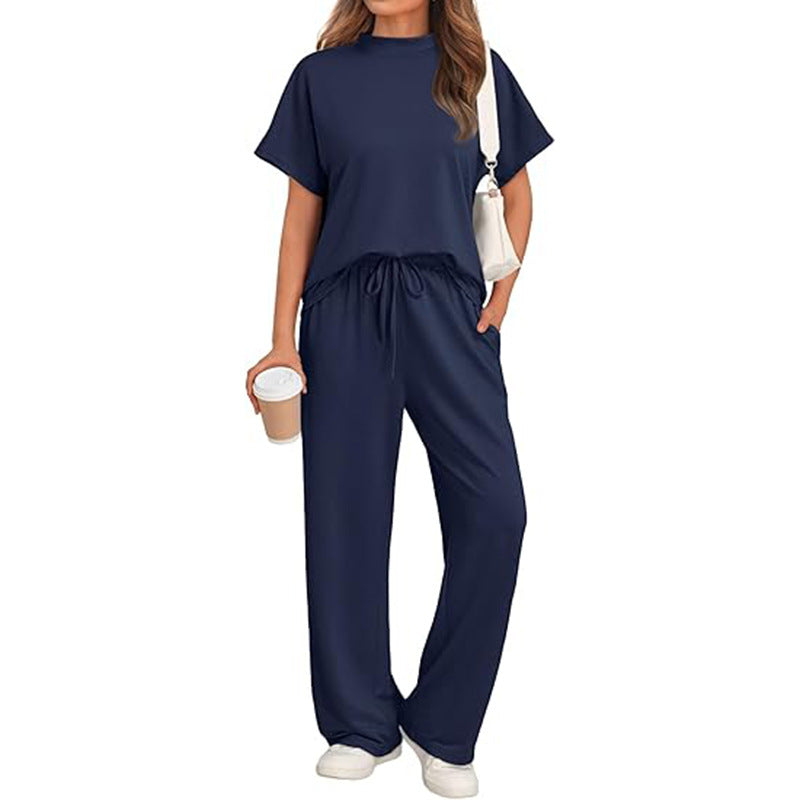 Casual Round Neck T-shirt with Wide Leg Trousers Set