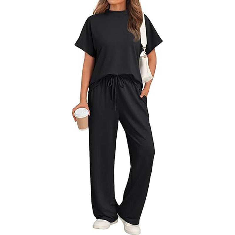 Casual Round Neck T-shirt with Wide Leg Trousers Set