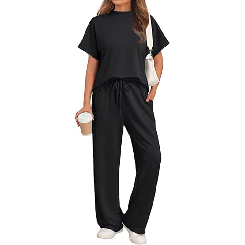 Casual Round Neck T-shirt with Wide Leg Trousers Set