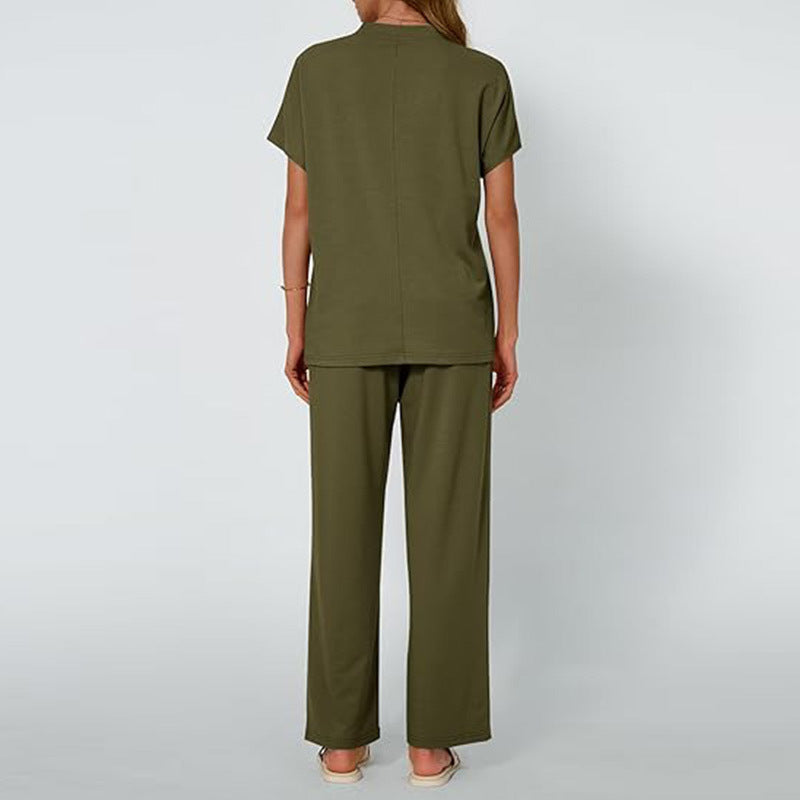 Casual Round Neck T-shirt with Wide Leg Trousers Set