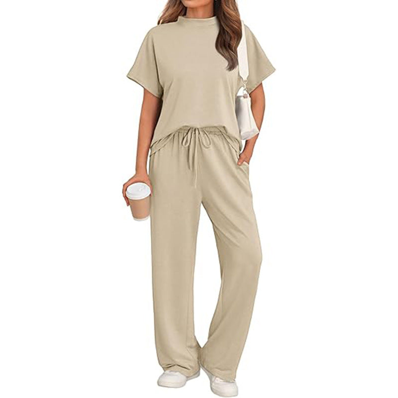 Casual Round Neck T-shirt with Wide Leg Trousers Set