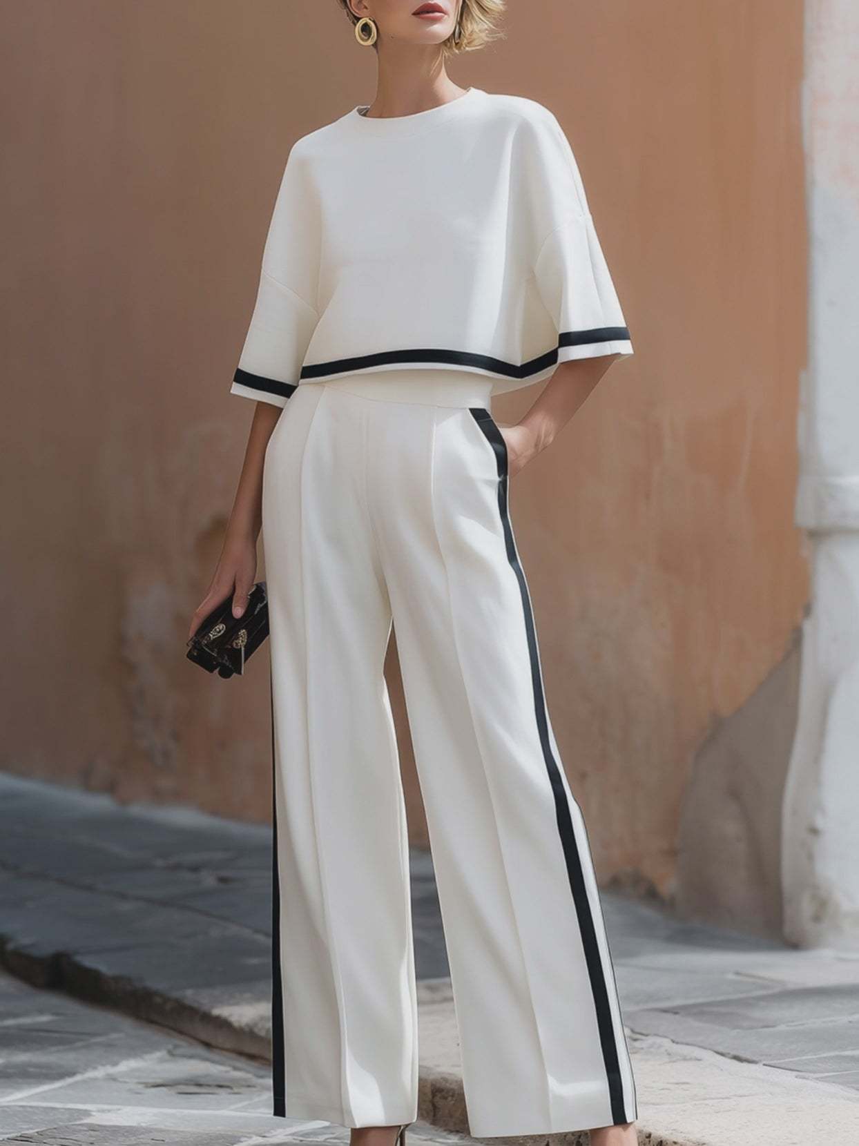 Casual Short Sleeve Pullover and Wide Leg Pants Set
