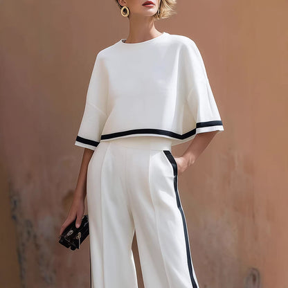 Casual Short Sleeve Pullover and Wide Leg Pants Set