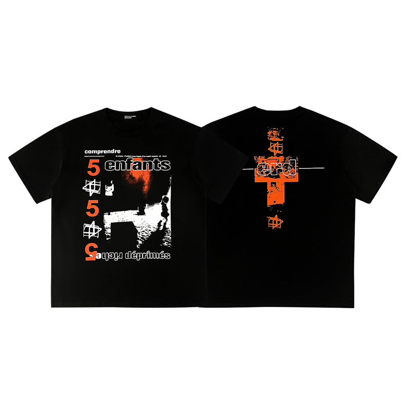 Casual short-sleeved T-shirt, printed cotton.