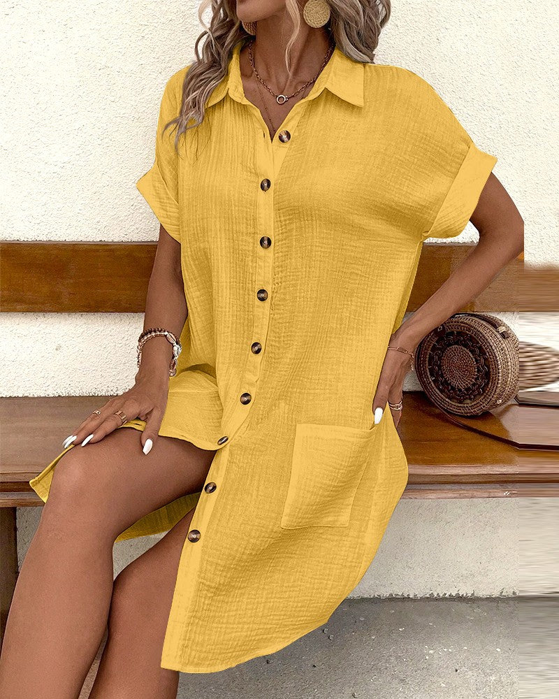 Casual solid-color cotton and linen shirt dress