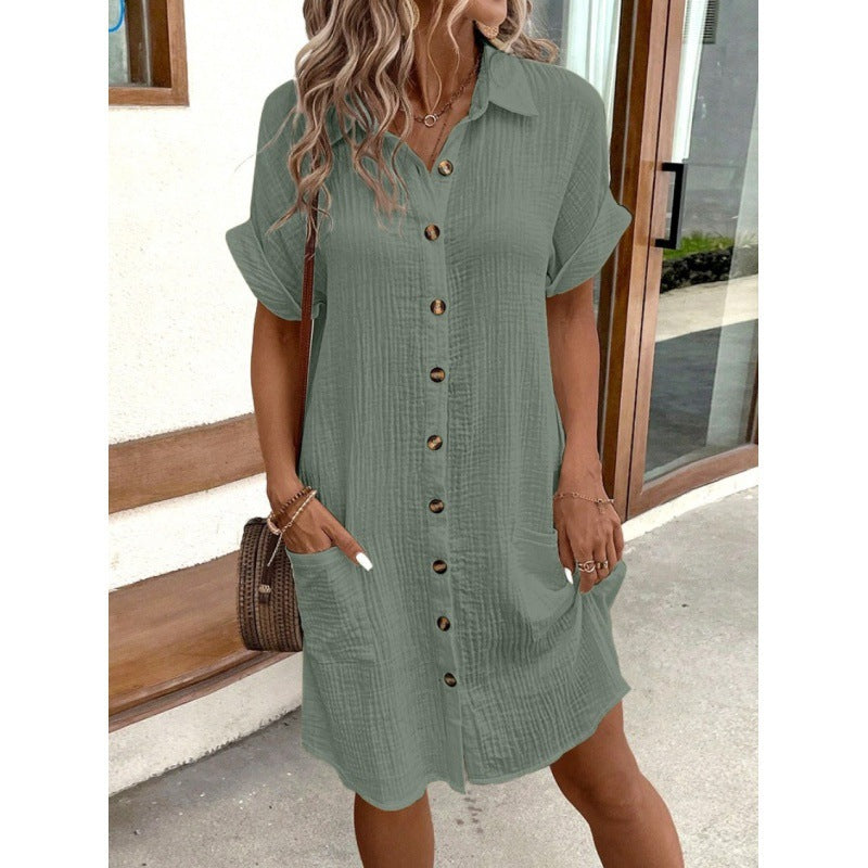 Casual solid color single-breasted mid-length short-sleeved shirt
