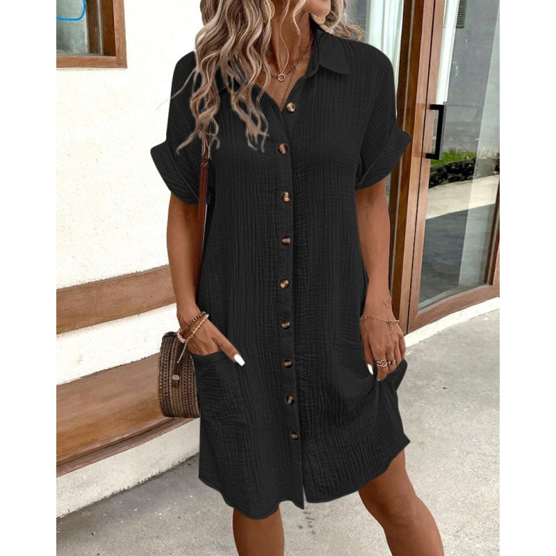 Casual solid color single-breasted mid-length short-sleeved shirt