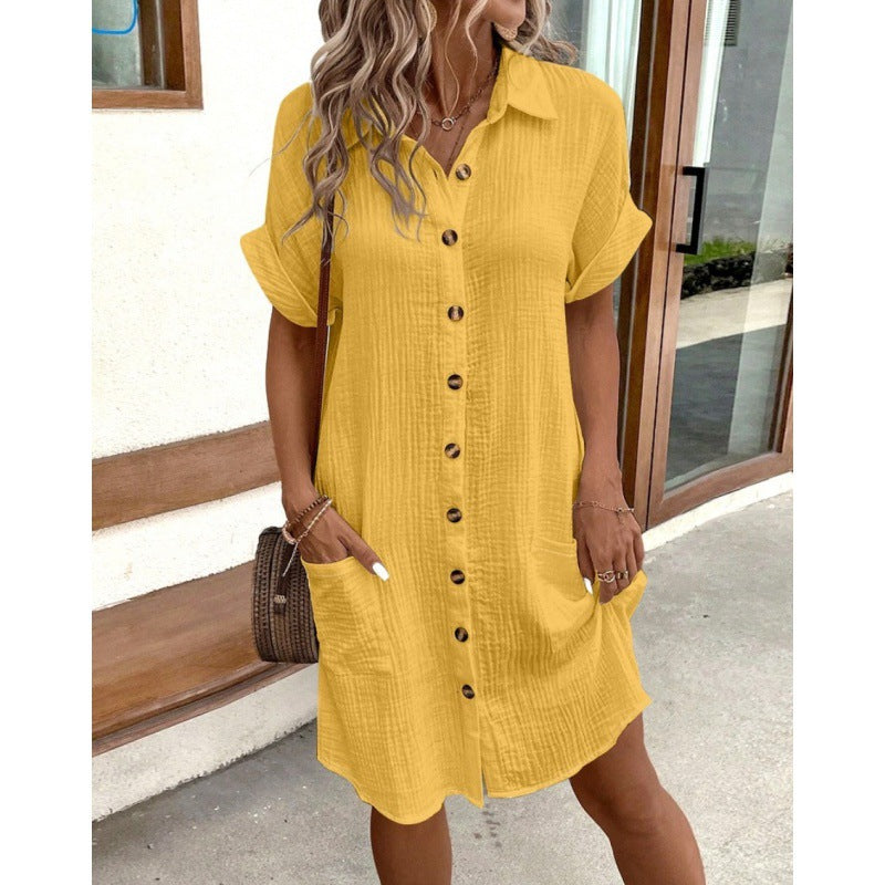 Casual solid color single-breasted mid-length short-sleeved shirt