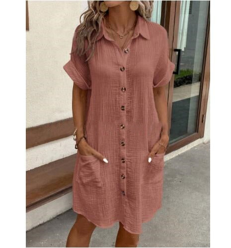 Casual solid color single-breasted mid-length short-sleeved shirt