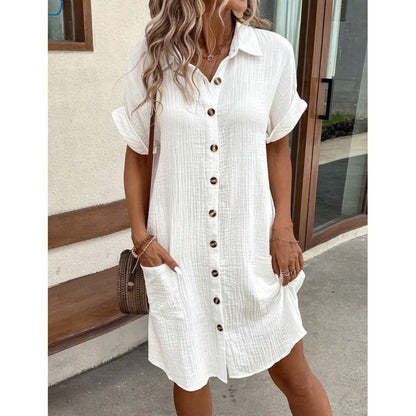 Casual solid color single-breasted mid-length short-sleeved shirt