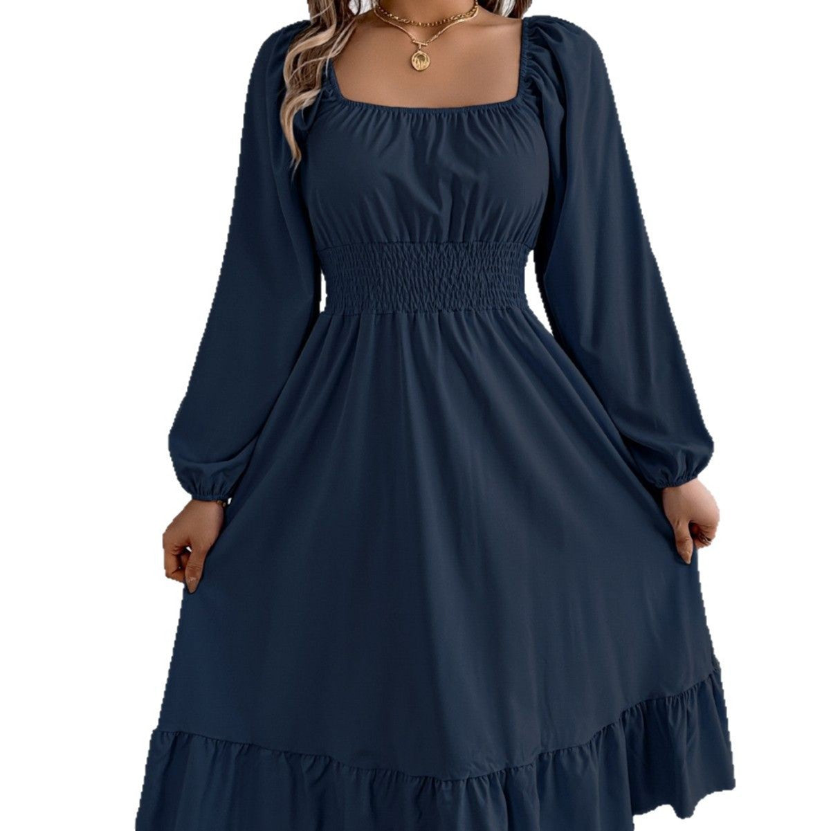 Casual Solid Color Square Neck Long Sleeve A-Line Dress