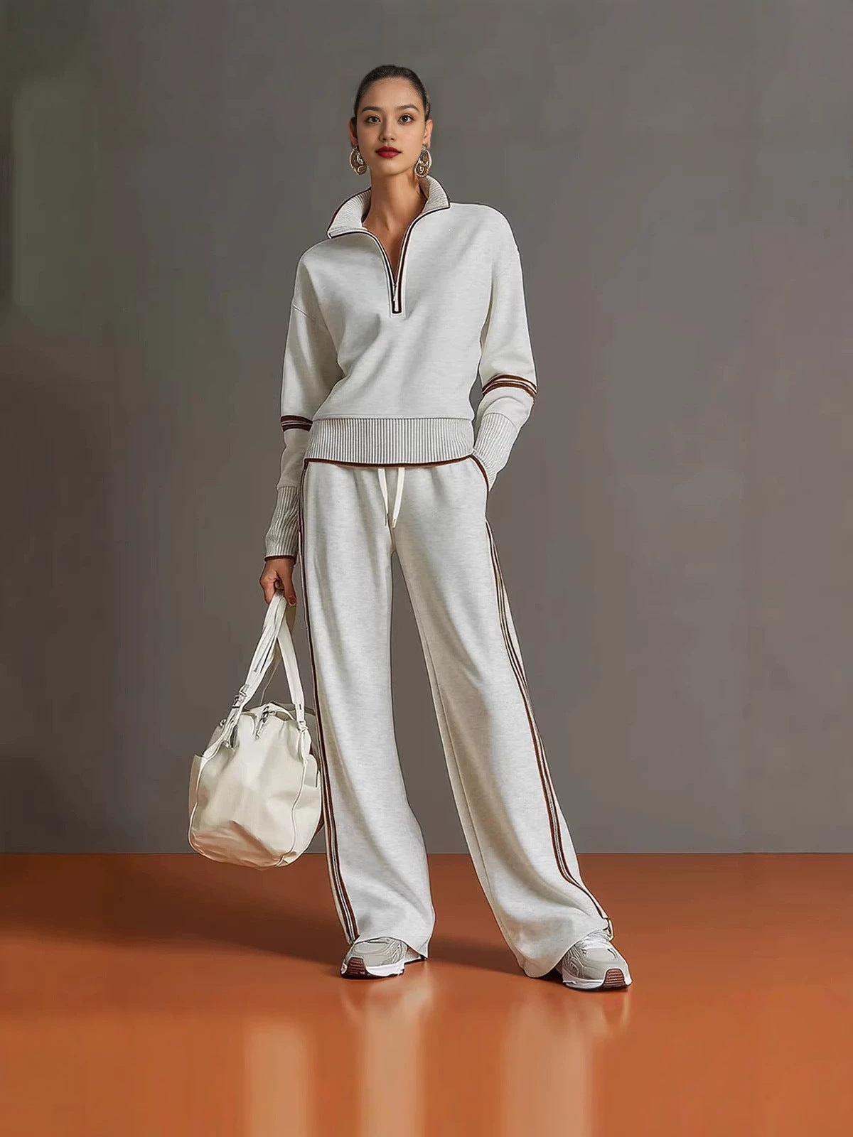 Casual Stand Collar Sweatshirt Wide Leg Pants Set