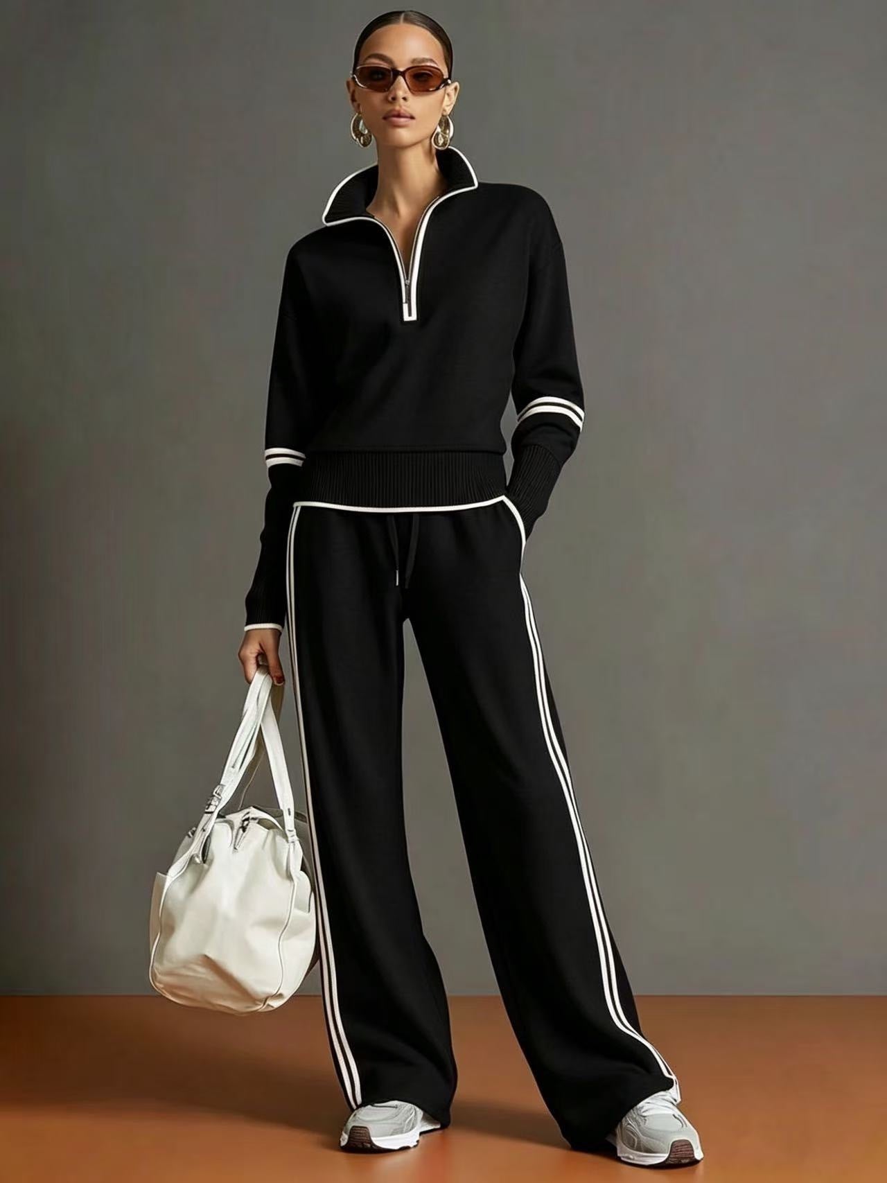 Casual Stand Collar Sweatshirt Wide Leg Pants Set