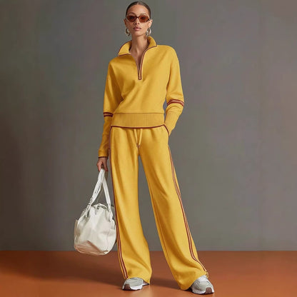 Casual Stand Collar Sweatshirt Wide Leg Pants Set