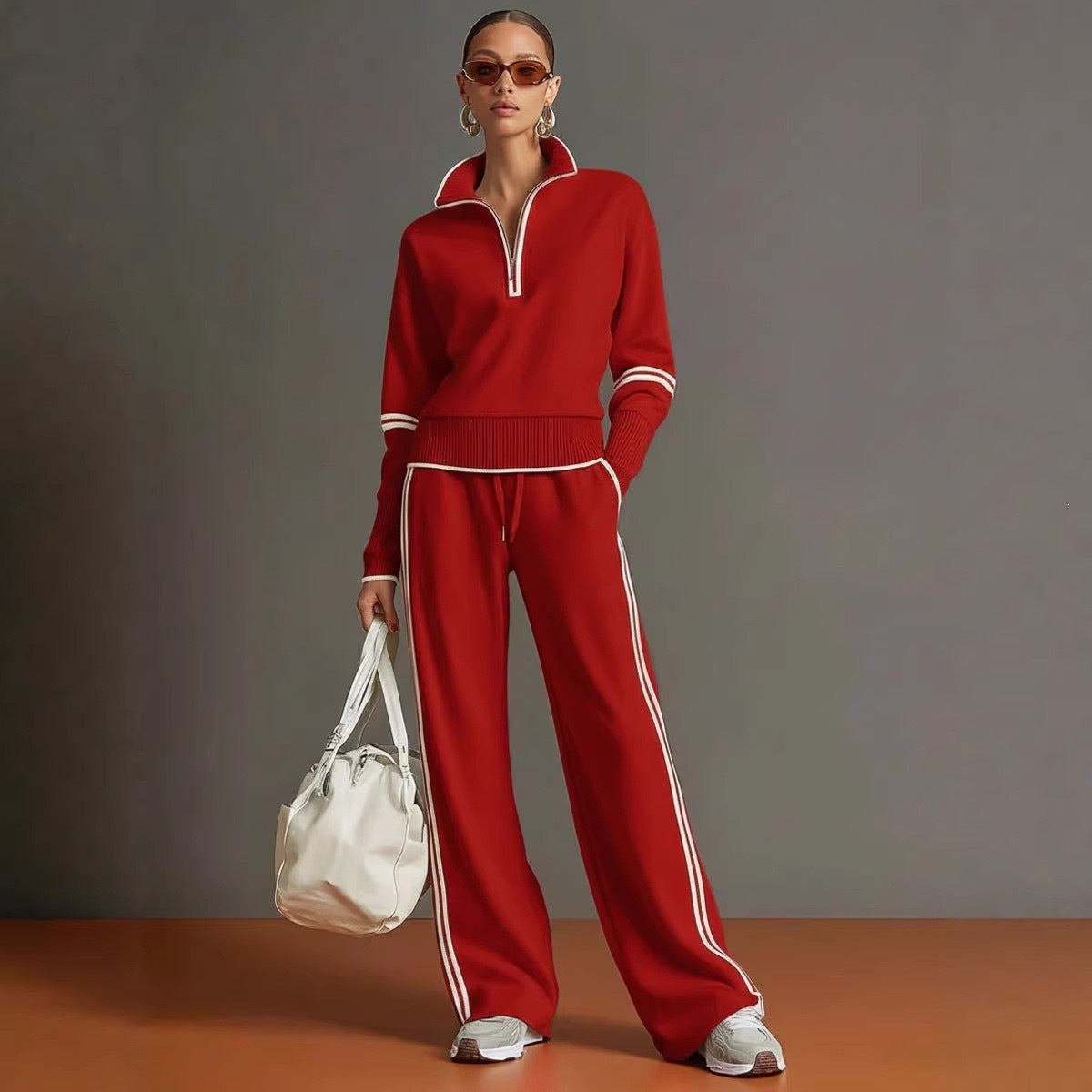 Casual Stand Collar Sweatshirt Wide Leg Pants Set