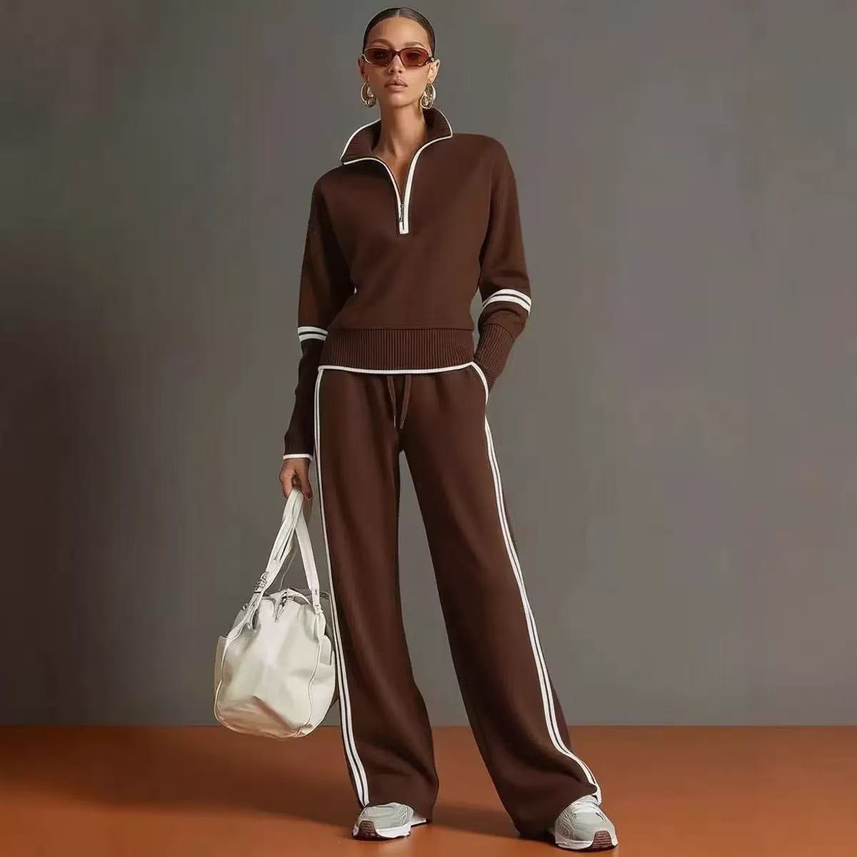 Casual Stand Collar Sweatshirt Wide Leg Pants Set