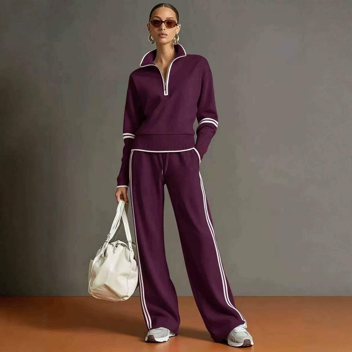 Casual Stand Collar Sweatshirt Wide Leg Pants Set