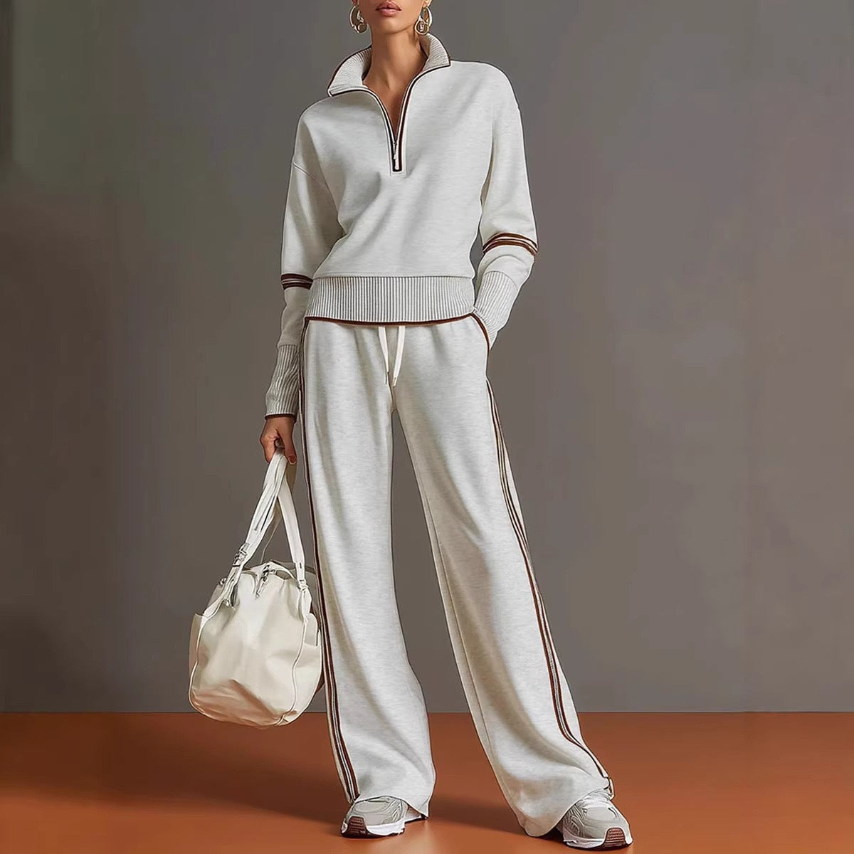 Casual Stand Collar Sweatshirt Wide Leg Pants Set