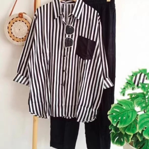Casual Striped Shirt and Pants Set