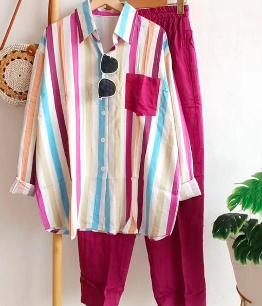 Casual Striped Shirt and Pants Set