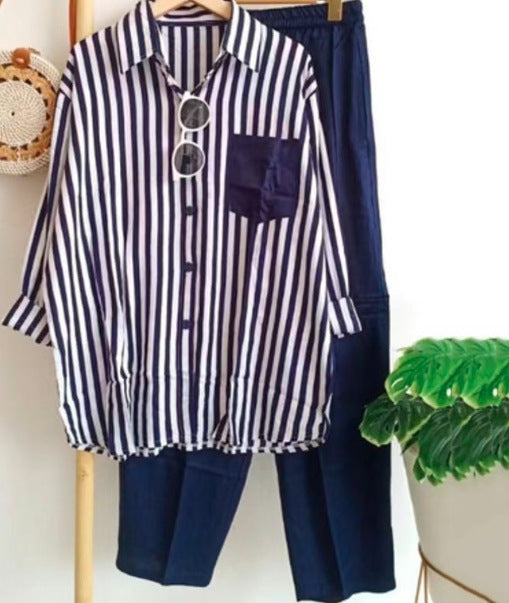 Casual Striped Shirt and Pants Set