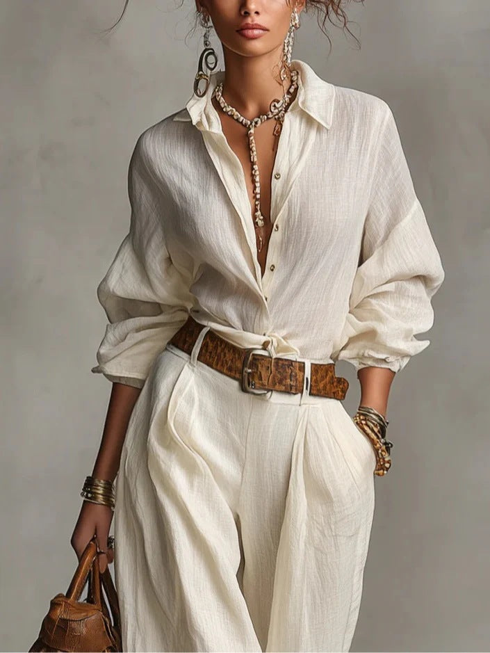 Casual Style Sleeveless Shirt and Wide-Leg Pants Set