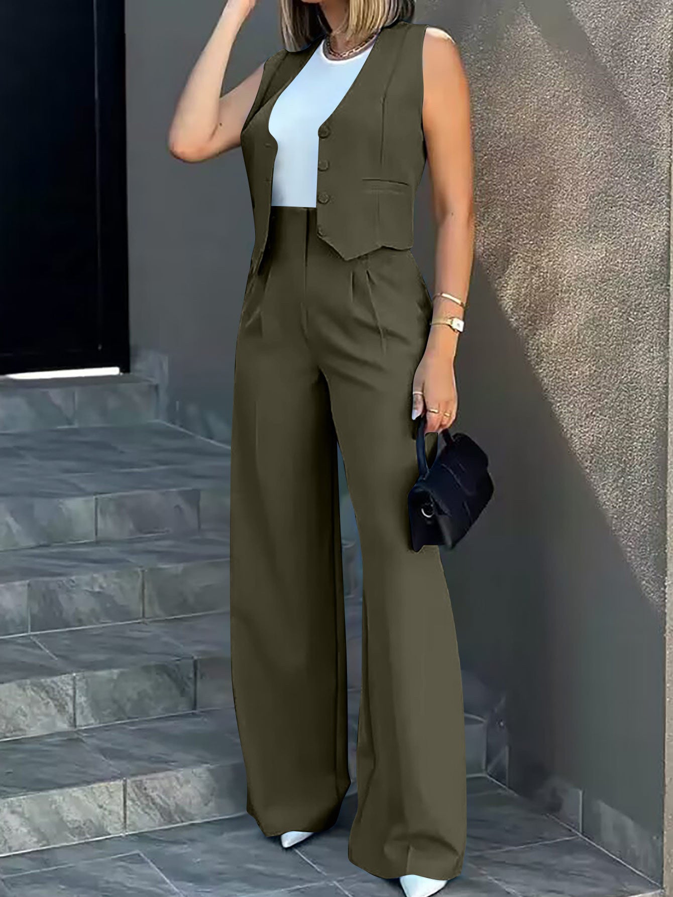 Casual Suit Vest and Wide-leg Pants Set