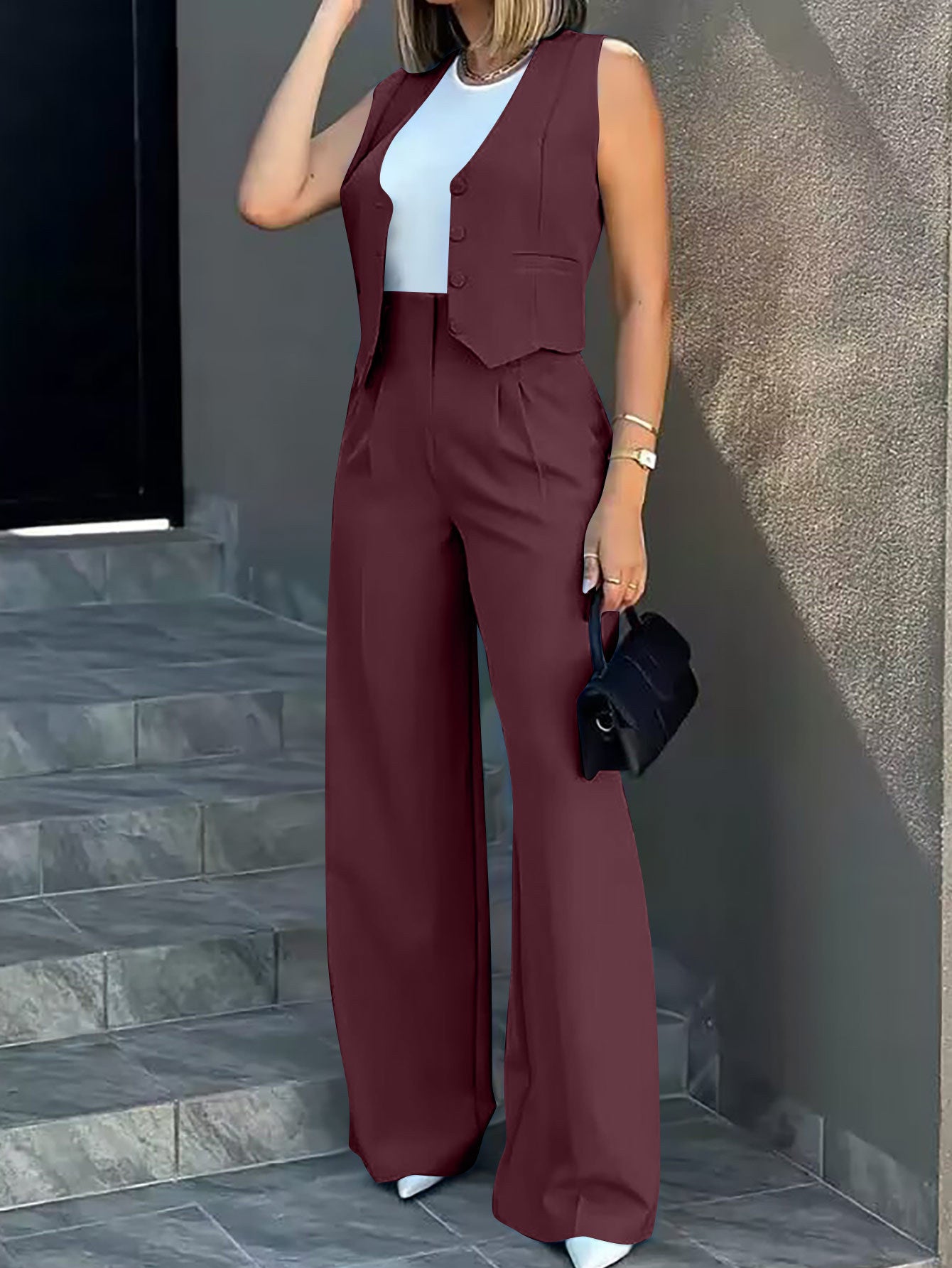 Casual Suit Vest and Wide-leg Pants Set