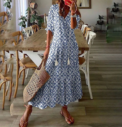 Casual V-Neck Printed Tassel Midi Dress