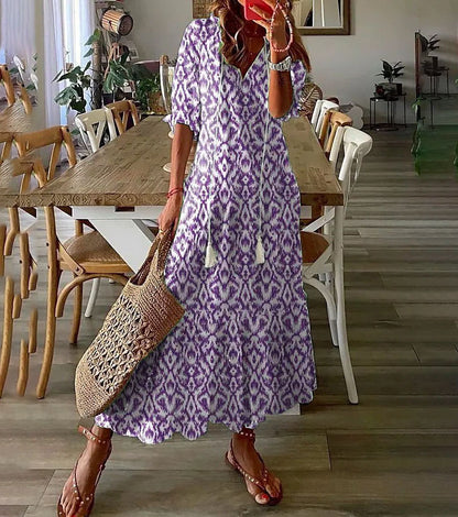 Casual V-Neck Printed Tassel Midi Dress