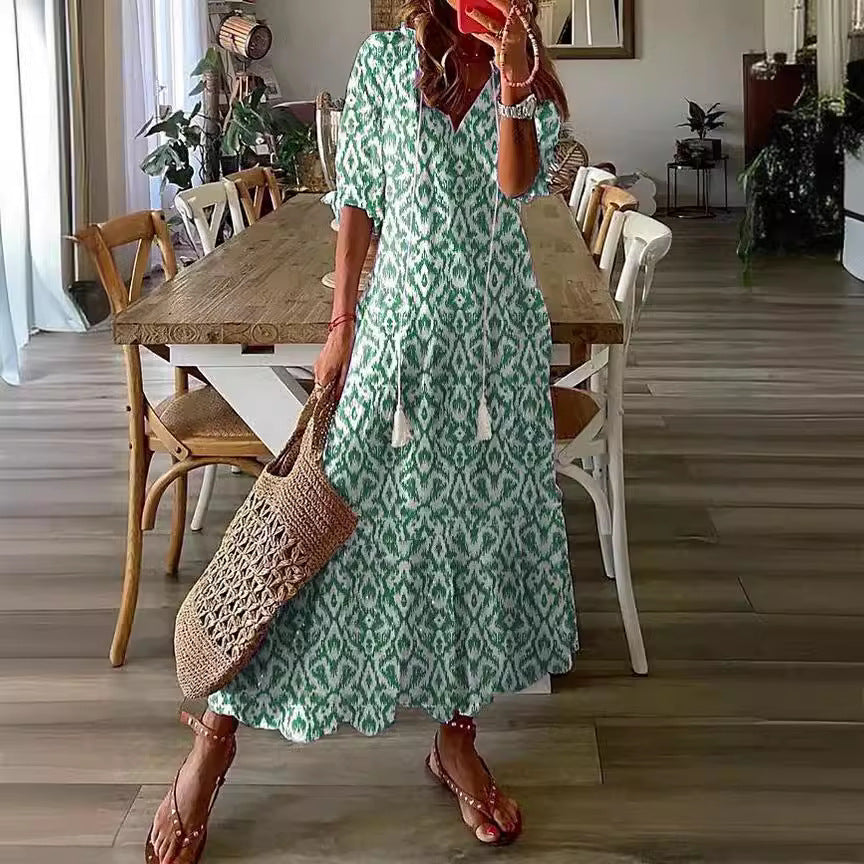 Casual V-Neck Printed Tassel Midi Dress
