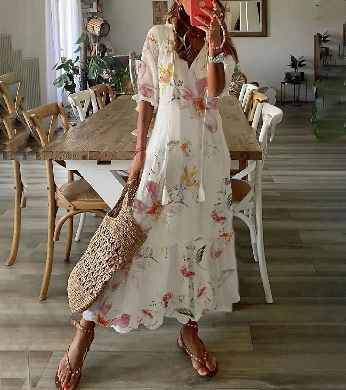 Casual V-Neck Printed Tassel Midi Dress