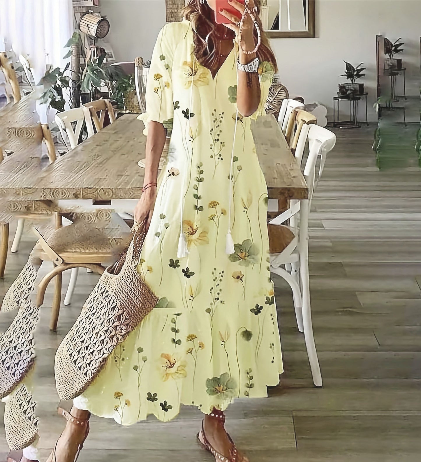 Casual V-Neck Printed Tassel Midi Dress