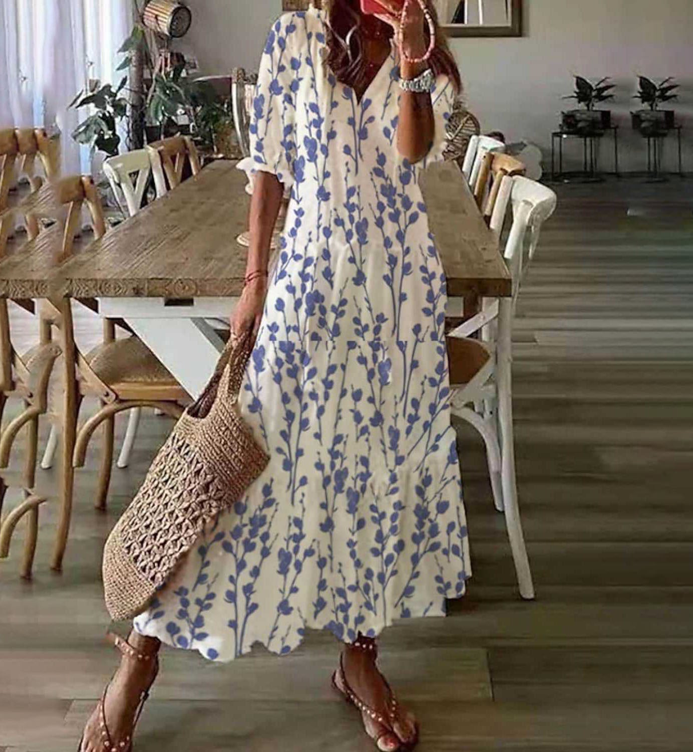 Casual V-Neck Printed Tassel Midi Dress