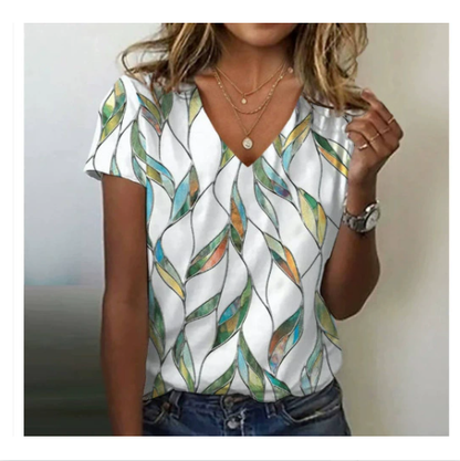 Casual V-neck rainbow print short-sleeved women's T-shirt