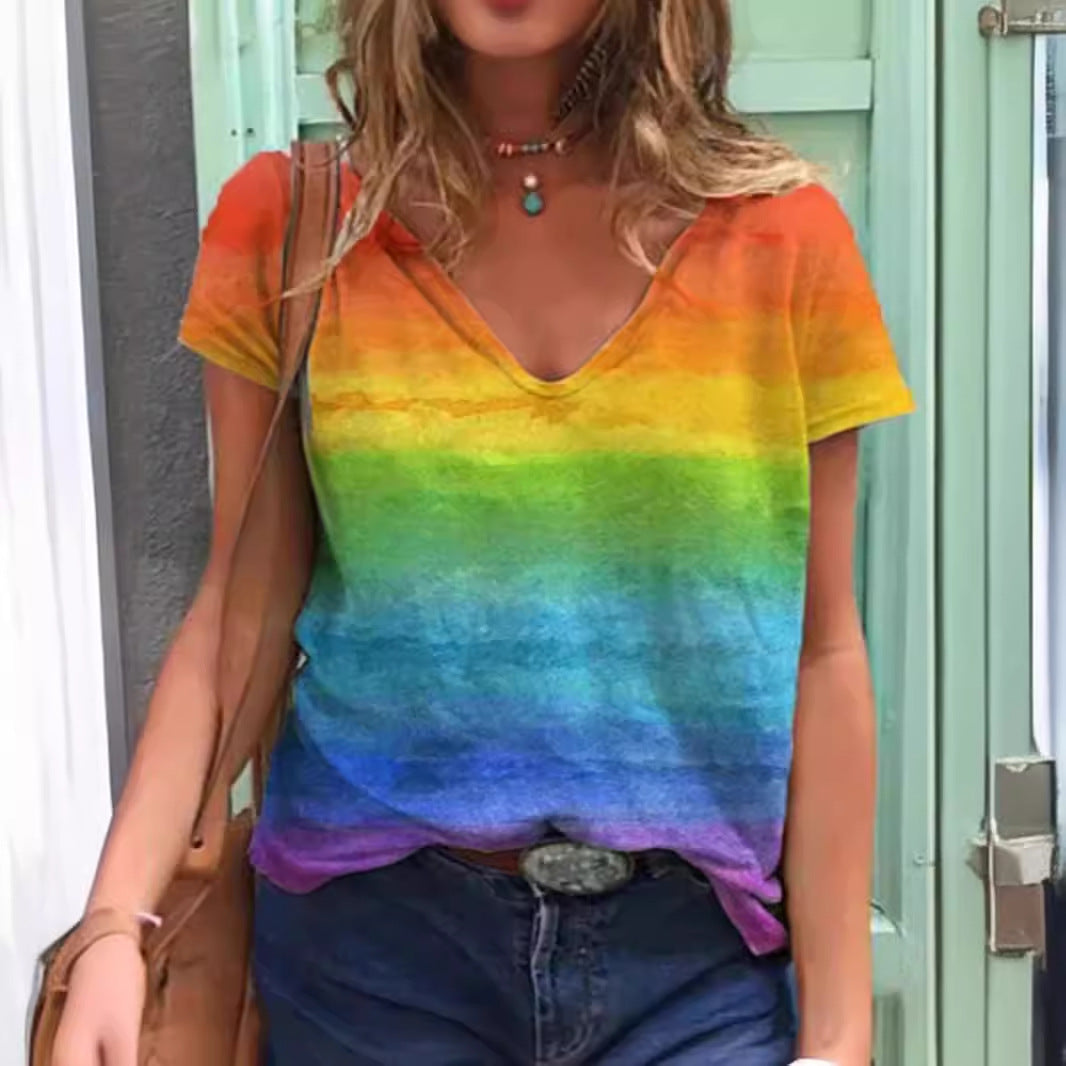 Casual V-neck rainbow print short-sleeved women's T-shirt
